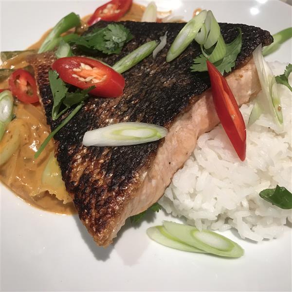 Thai red curry with crispy skin salmon