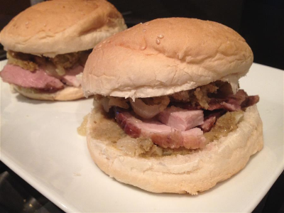 Pork, stuffing and apple sauce rolls