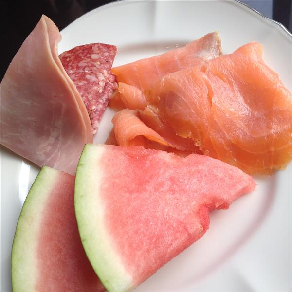 Watermelon, smoked salmon and ham