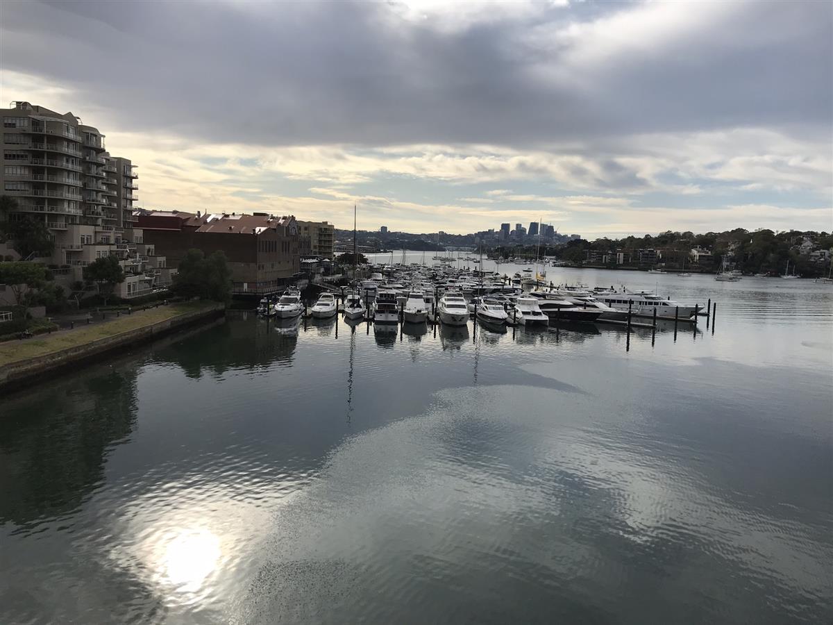 View over Birkenhead Point Marina from Iron Cove Bridge