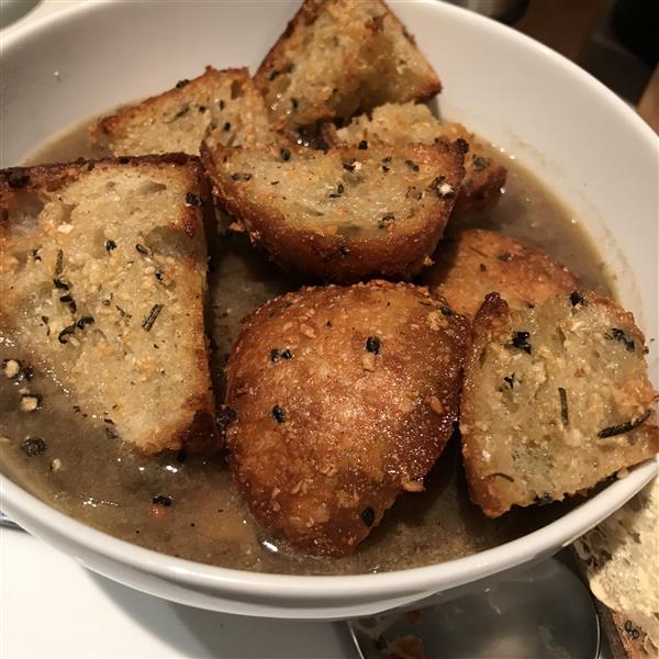 Onion and mushroom soup with garlic ciabatta croutons