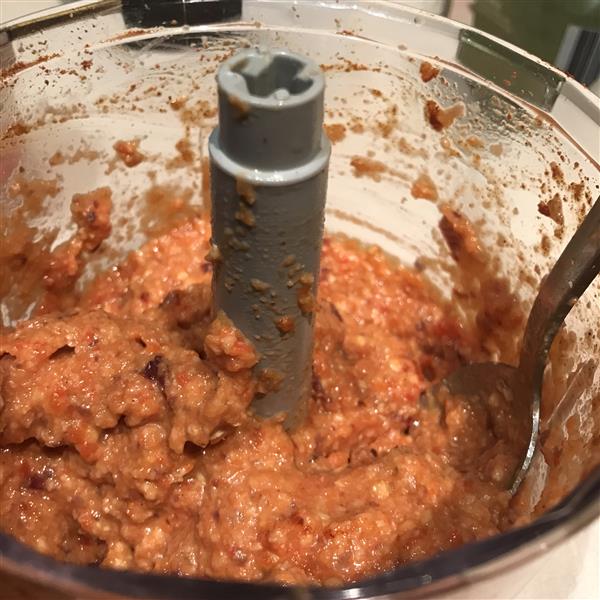 Blending the Spanish romesco sauce ingredients