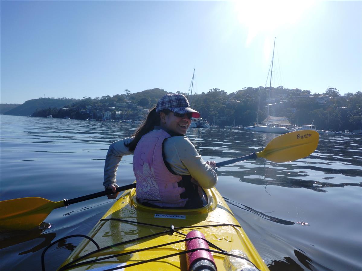 Fiona paddling Middle Harbour smile