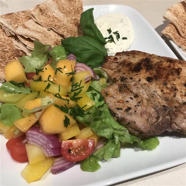 Healthy mango salad pork steak