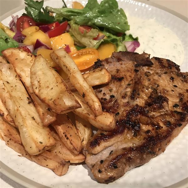 Dukkah Spiced Pork Chops Air fryer chips and mango salad